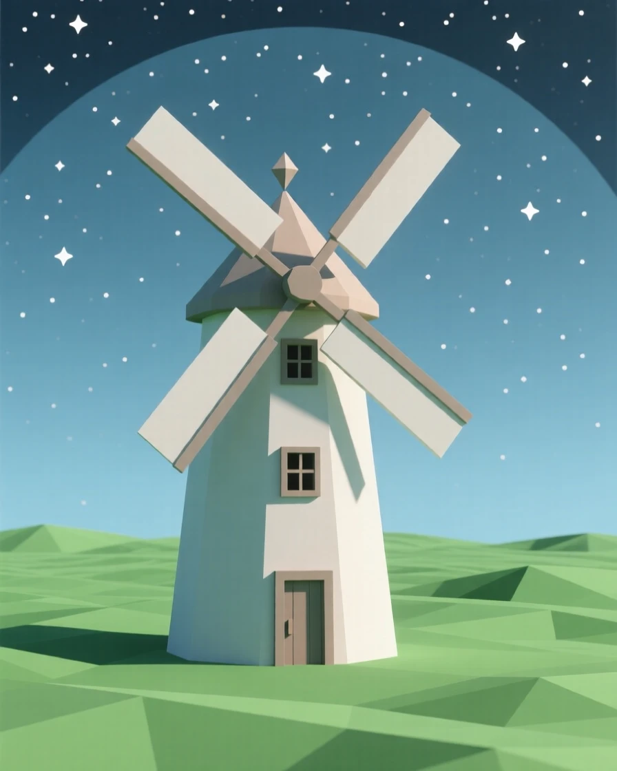 A traditional windmill standing in a green field, beneath a sky full of stars. fine architectural details are rendered with clarity. The atmosphere is peaceful and inviting.