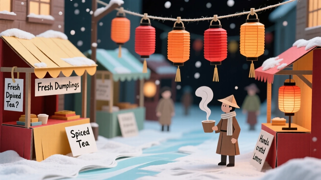 A bustling night market street dusted lightly with fresh snow, with lanterns swaying gently in the breeze, evoking quiet, timeless beauty.