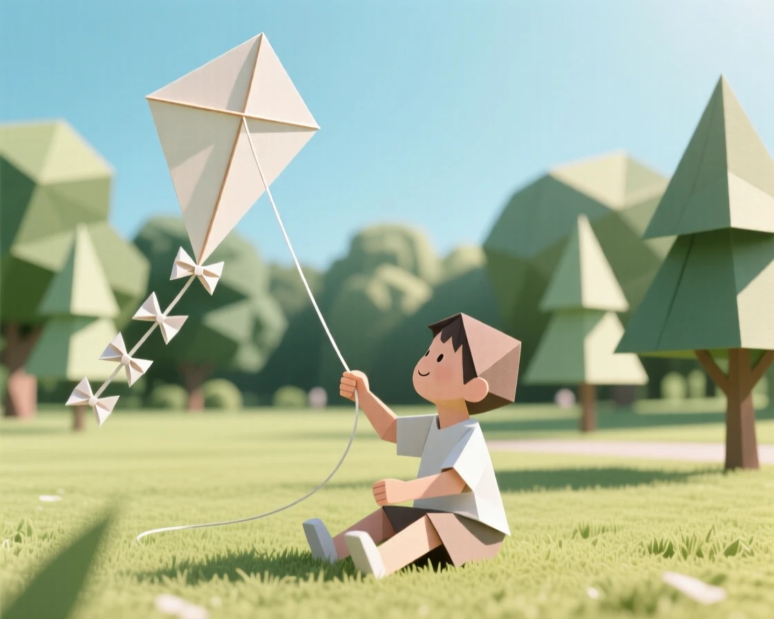 A child's first kite flying successfully high above a sunny park.