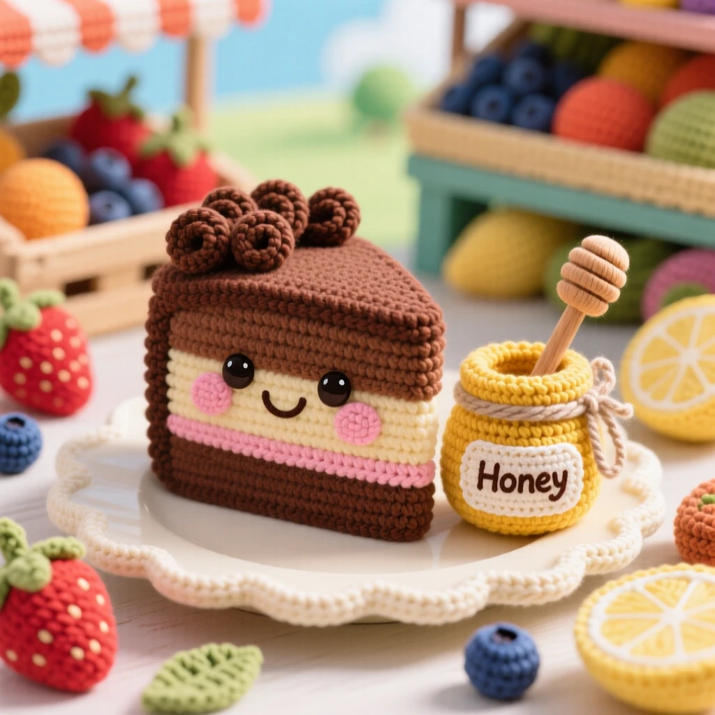 a happy slice of chocolate mousse cake, with delicate chocolate curls on top, served on an elegant dessert plate, displayed in a bright summer fruit stand, with a small jar of honey with a wooden dipper, radiating a cozy sense of shared treats.