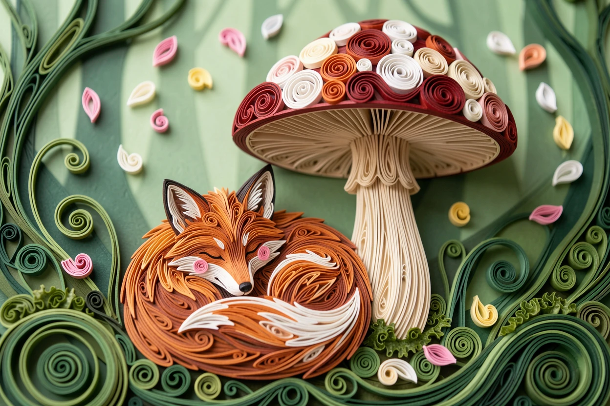 a round-cheeked baby fox curled into a sleepy ball beneath a giant mushroom in a mossy forest, surrounded by drifting flower petals, centered with soft blurred greenery in the background.