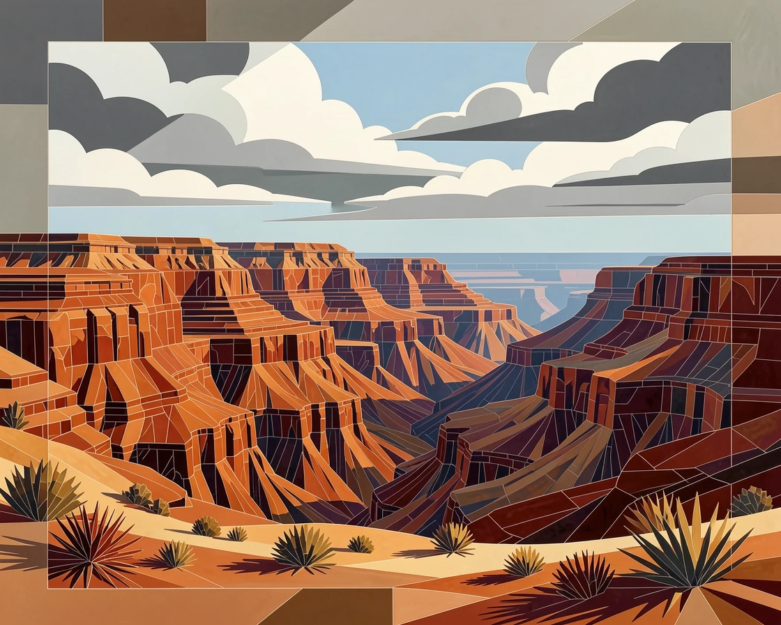 A wide panoramic view of a red rock desert canyon carved by centuries of wind and rain, with dramatic clouds and rich natural color.