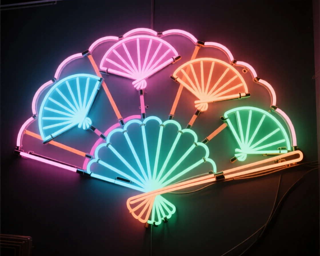 A display of hand-painted fans arranged in a fan-shaped pattern.