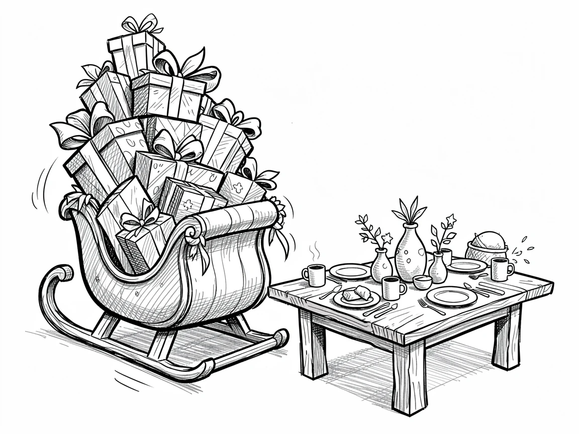 A sleigh loaded with wrapped presents beside a table set for a family gathering.