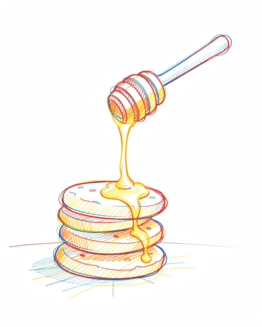 A honey dipper drizzling golden honey over a stack of warm biscuits