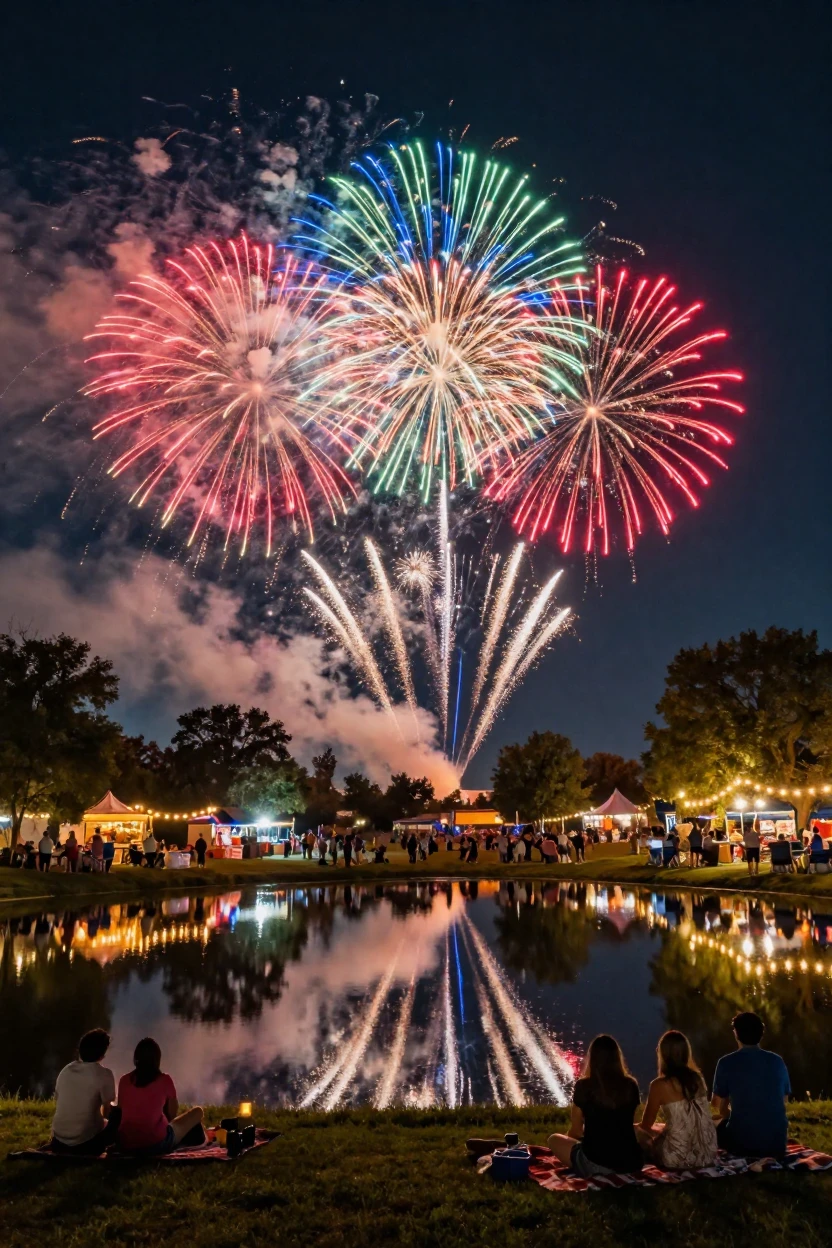 A fireworks display reflected in a lake during a summer festival