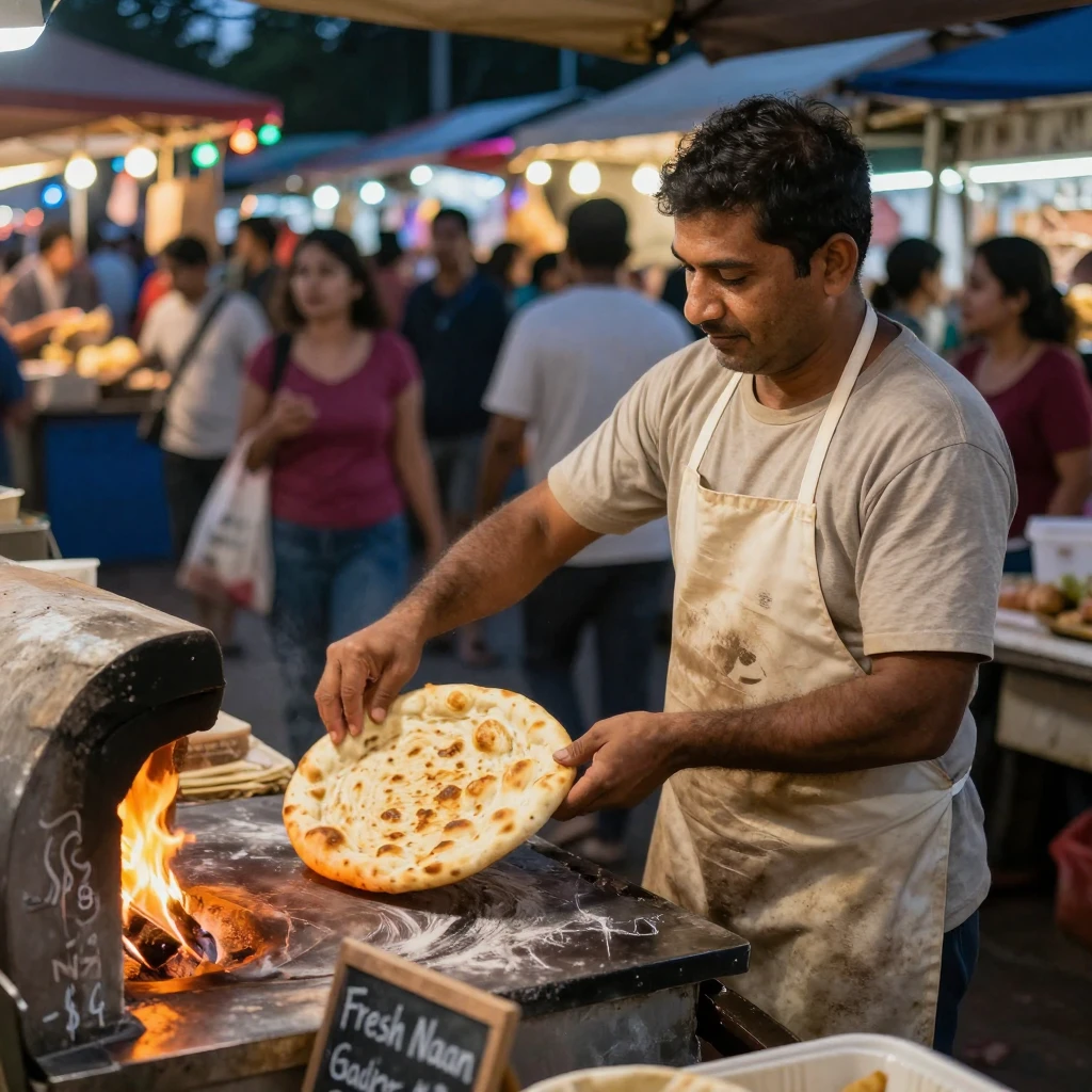 A vendor flips fresh naan on a wood-fired clay oven at a bustling night market.