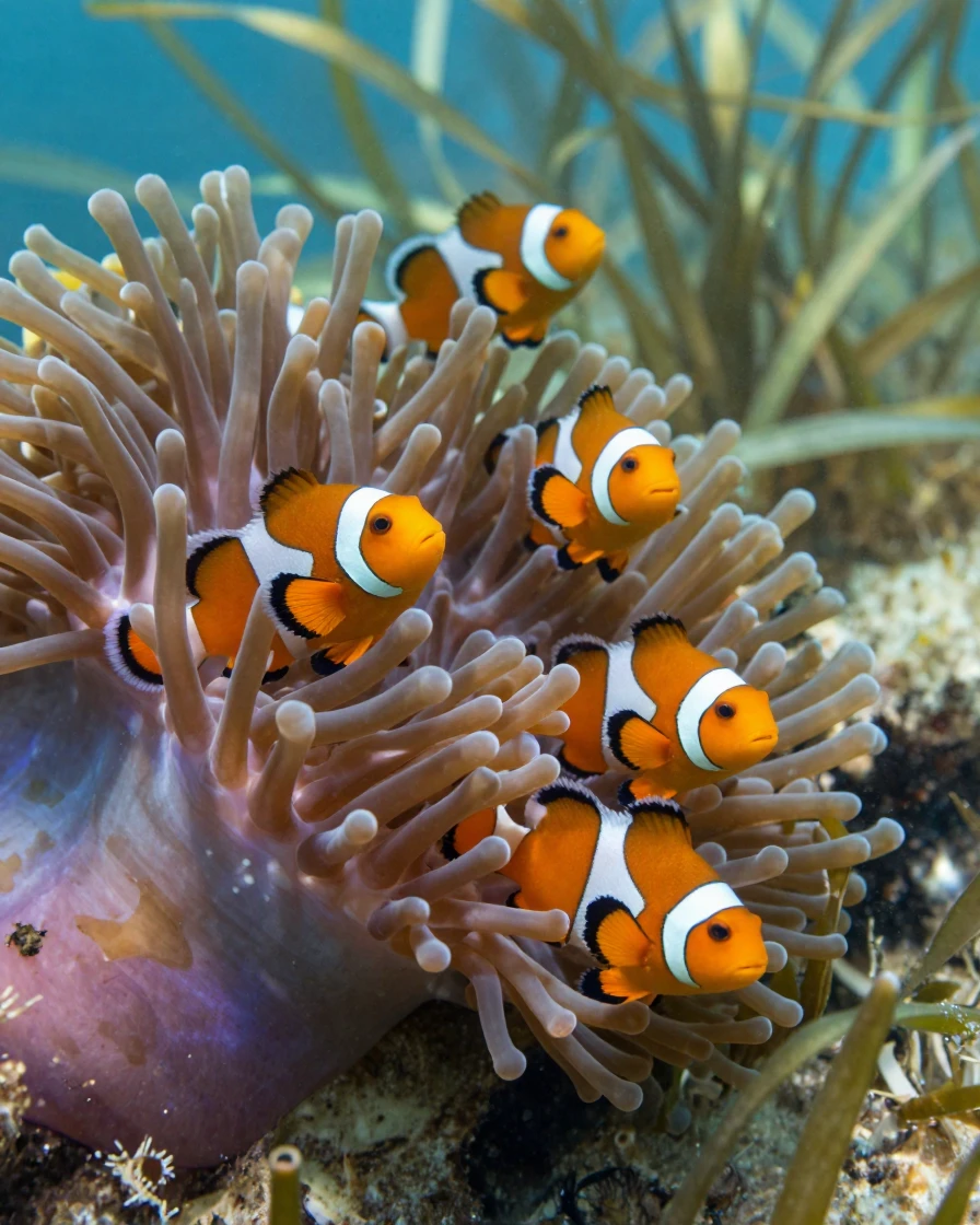 A colony of clownfish nestled in anemones exploring beneath a canopy of drifting sea grass