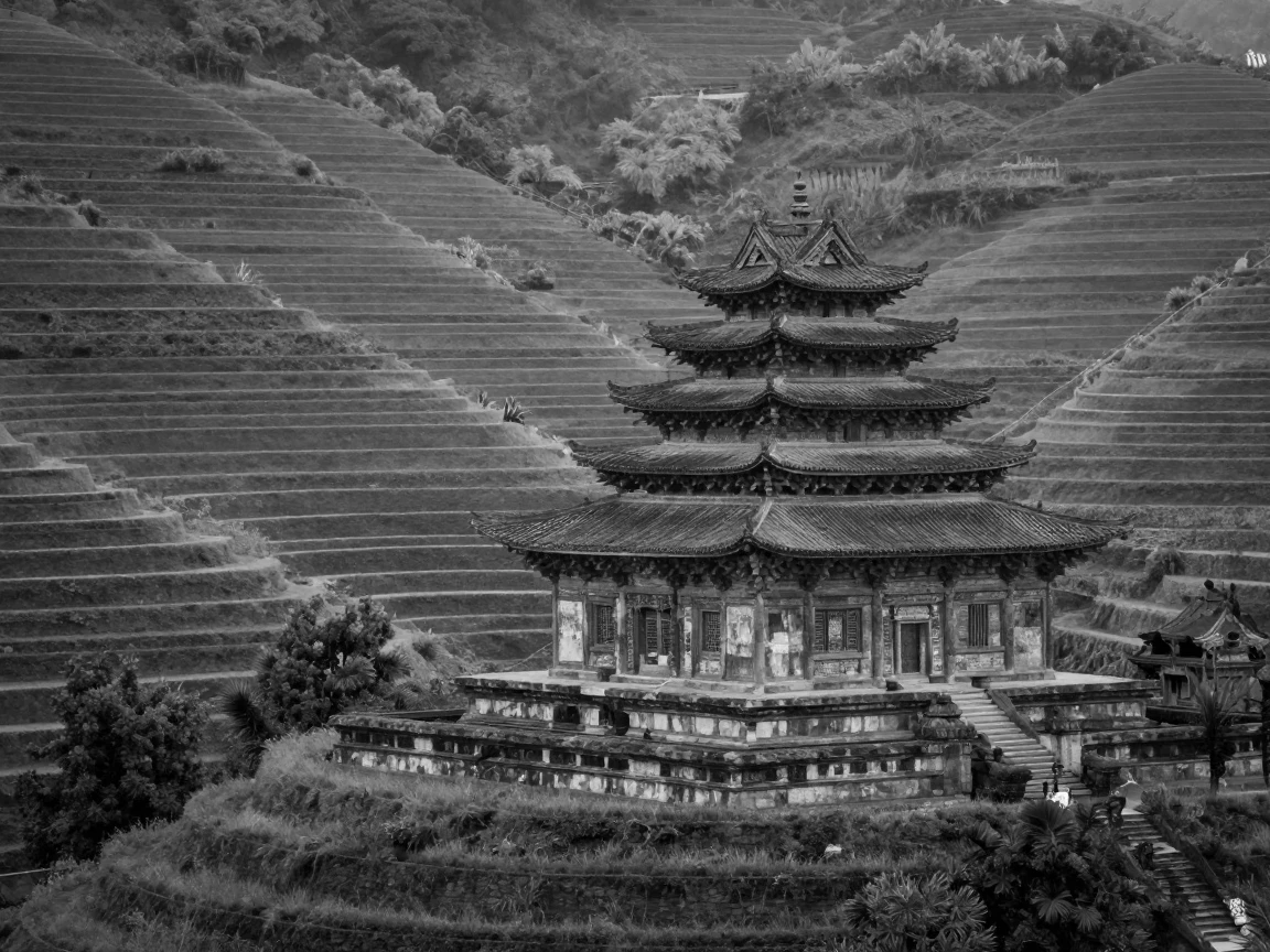 A centuries-old temple sits nestled among terraced hills atop a quiet terraced hillside.