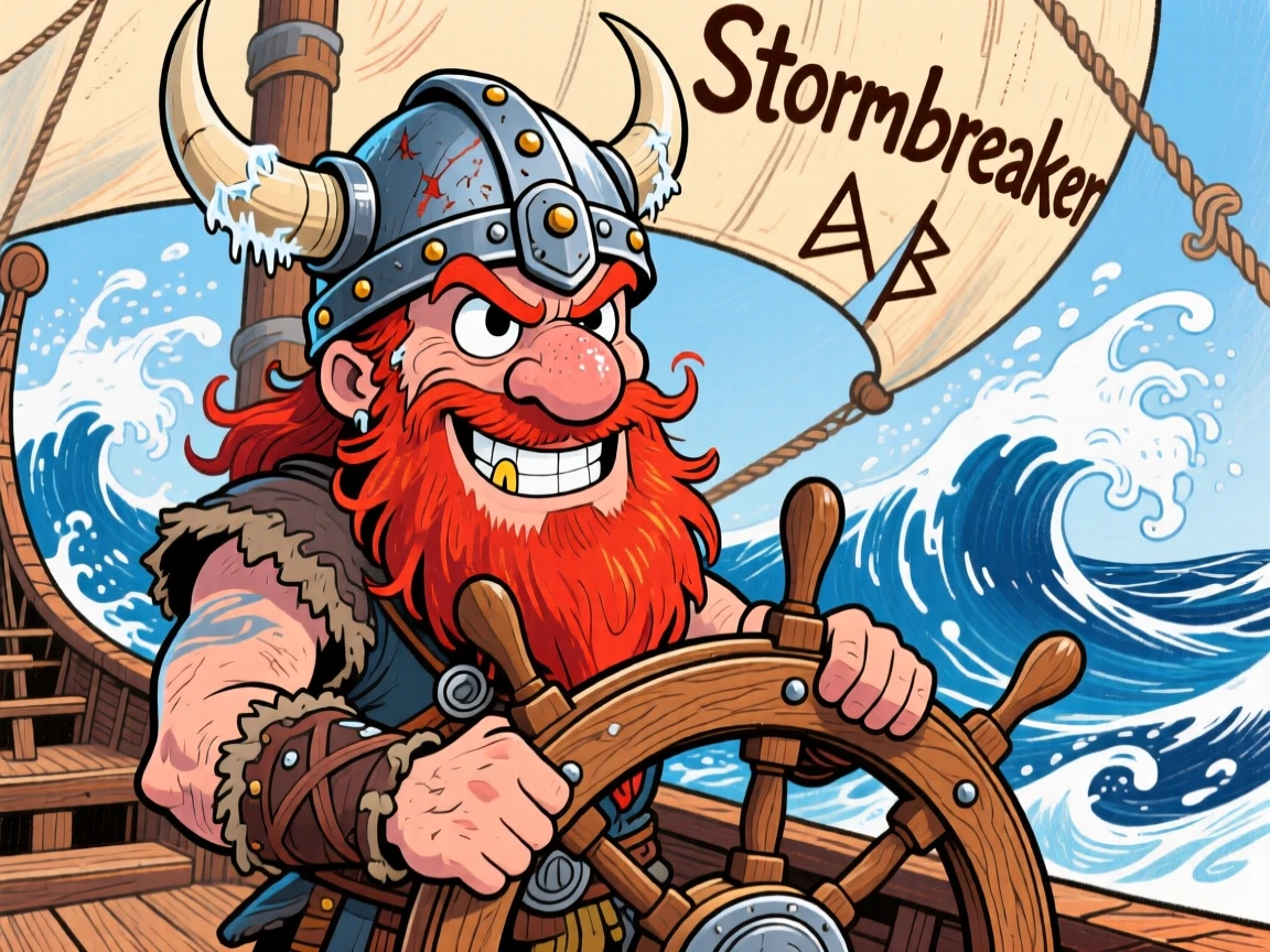 A brave viking warrior standing at the helm of a longship amid crashing waves.