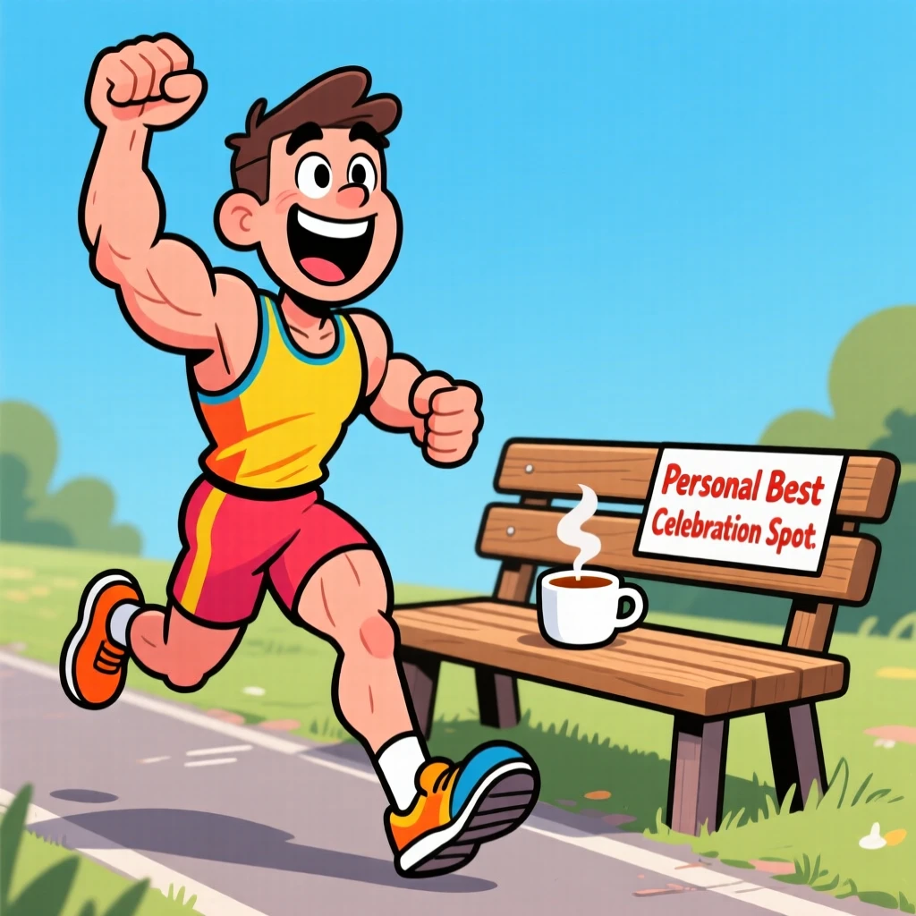 An everyday-life snapshot of a dedicated runner, celebrating a personal best with a fist pump, with a cup of tea cooling nearby.