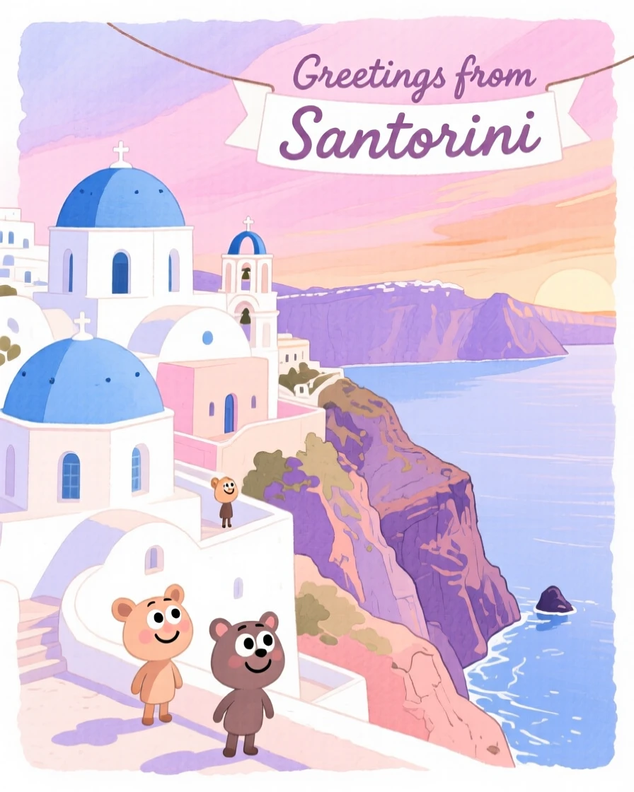 A dreamy travel postcard scene of the Santorini cliffs with white domed buildings overlooking the sea under a dramatic pastel sky