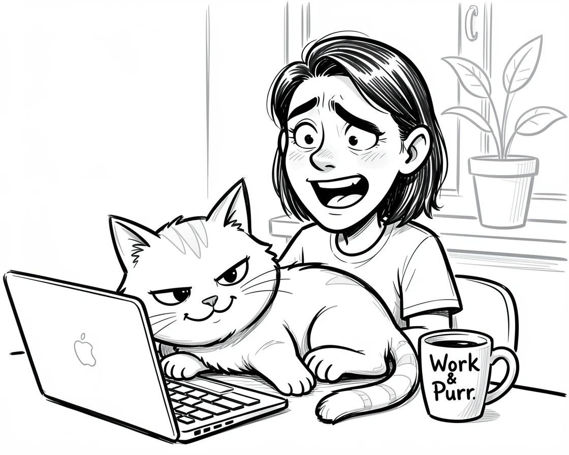 [Trending & Universal Topics] Modern lifestyle scene of a cat owner working from home with a cat lounging on the keyboard, capturing everyday joy