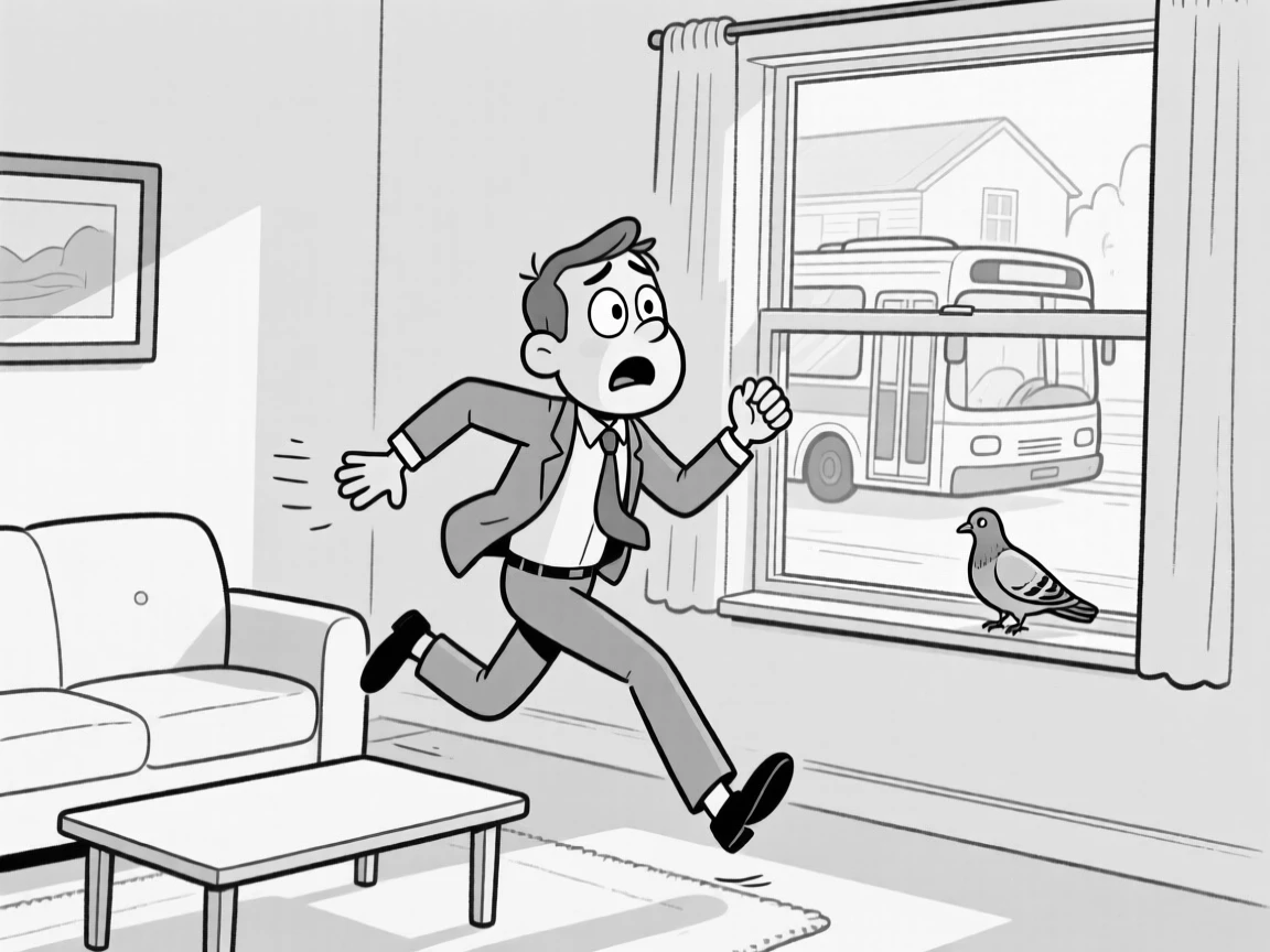 A commuter sprinting to catch a bus that's already pulling away, freezing mid-step in dawning realization, set in a quiet suburban living room. A nearby pigeon watches with apparent judgment. It's the kind of relatable blunder everyone secretly recognizes.