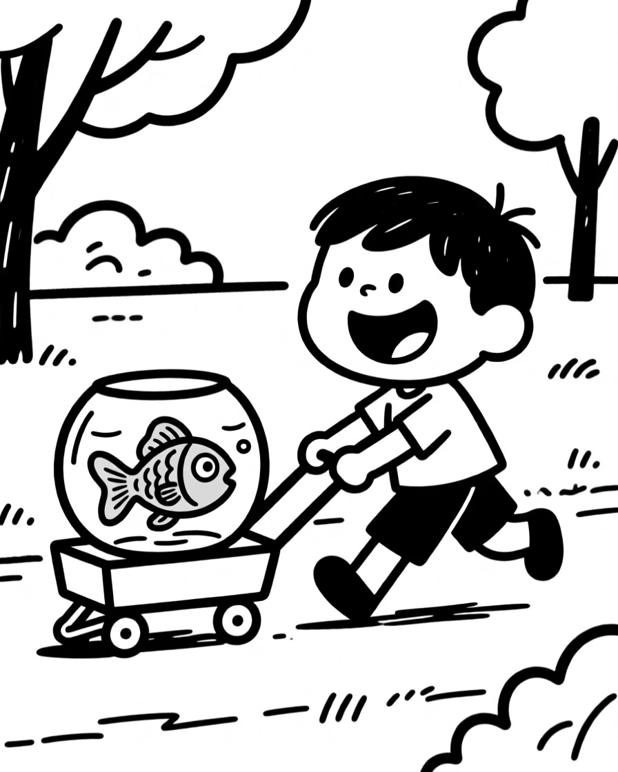 A goldfish in a bowl sitting in a wagon being pulled through a park by a delighted kid.