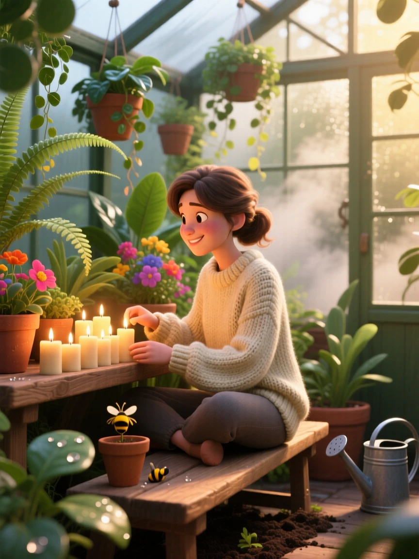 A young woman in a thick knitted sweater sits in a greenhouse filled with steam and plants, lighting a row of small candles. A deep sense of comfort and quiet contentment fills the room, with warm shadows dancing on the walls.