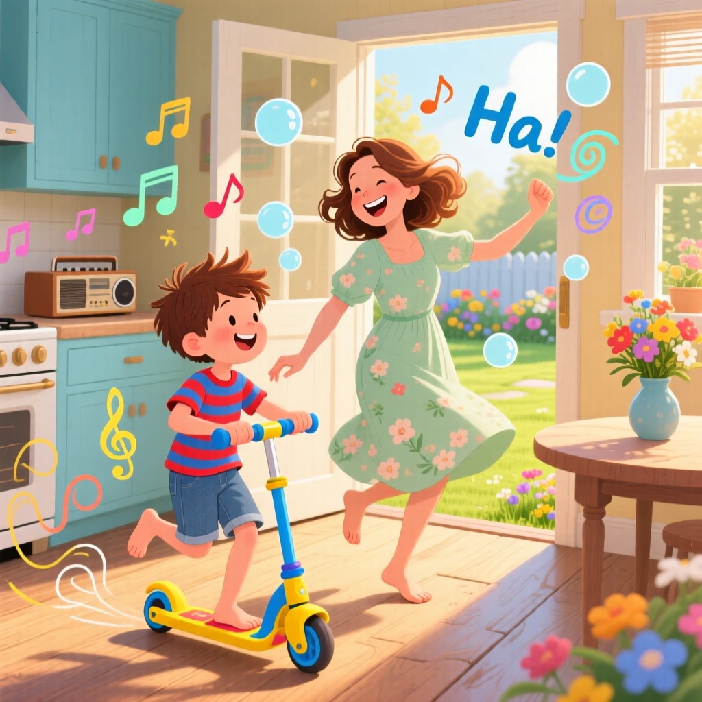 A small boy on a scooter and her mother are dancing in the kitchen while music plays, with laughter echoing through the yard.