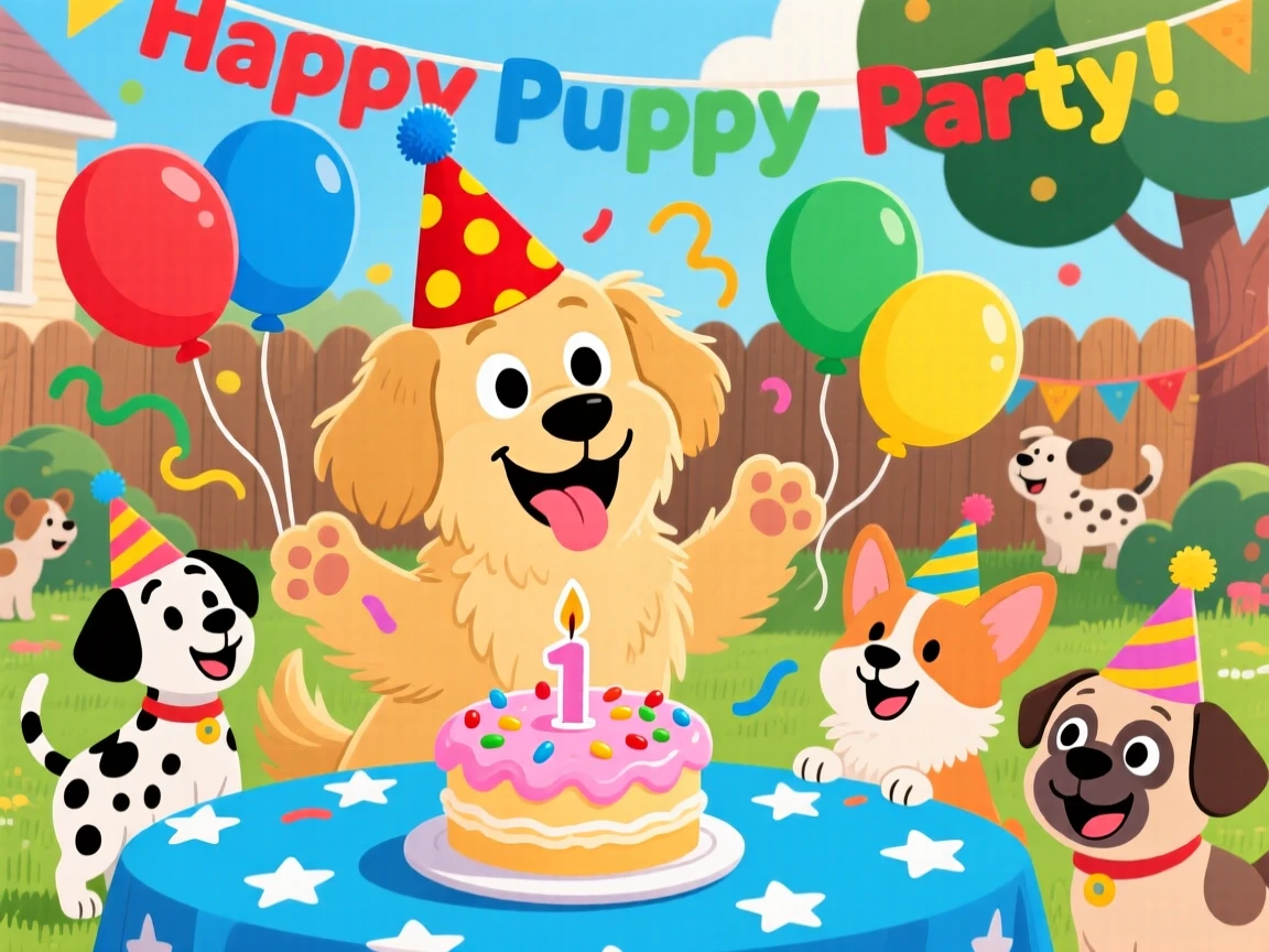A dog wearing a birthday hat at its own puppy party.