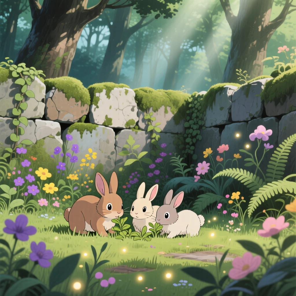 A hidden garden enclosed by a crumbling stone wall, a family of rabbits nibbling at the undergrowth, creating a scene of quiet natural magic.