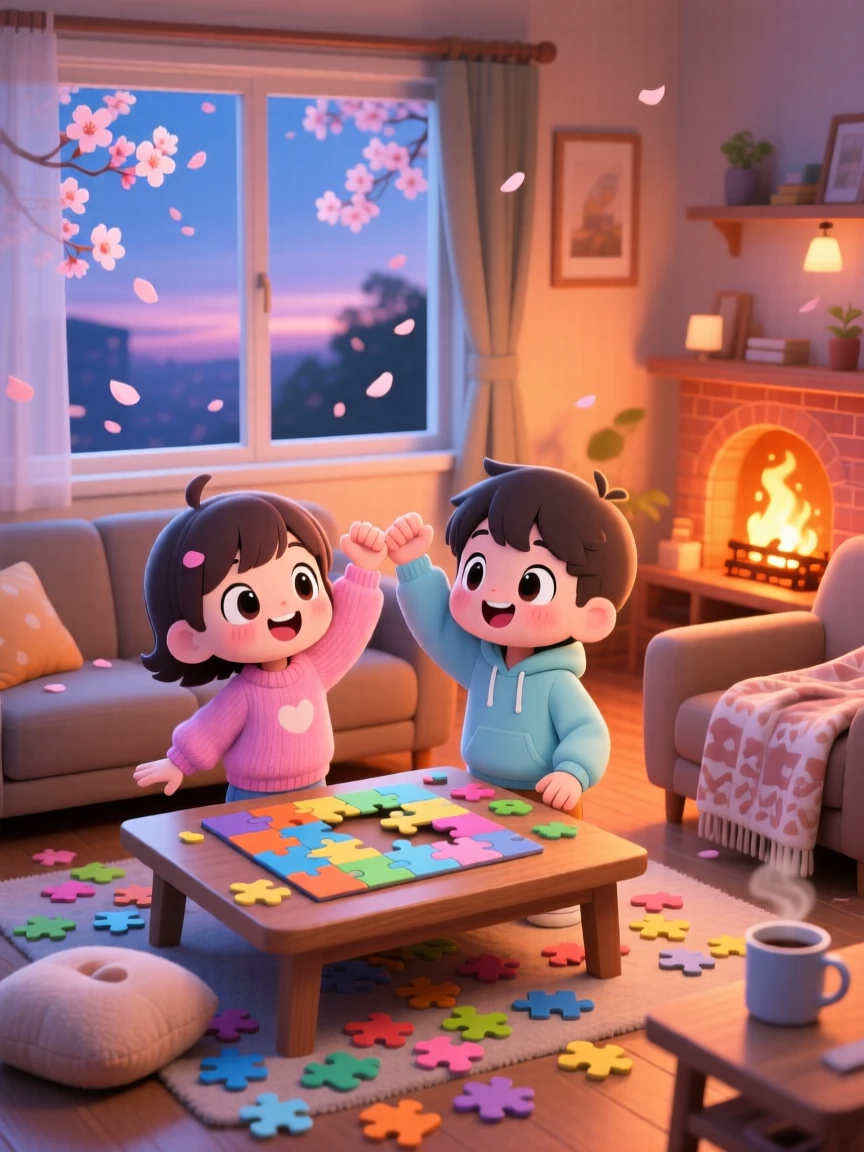Two friends high-fiving after finishing a puzzle, framed as a wide establishing shot within a cozy living room, as cherry blossom petals drift on the breeze, glowing under cozy firelight, evoking delighted joy.