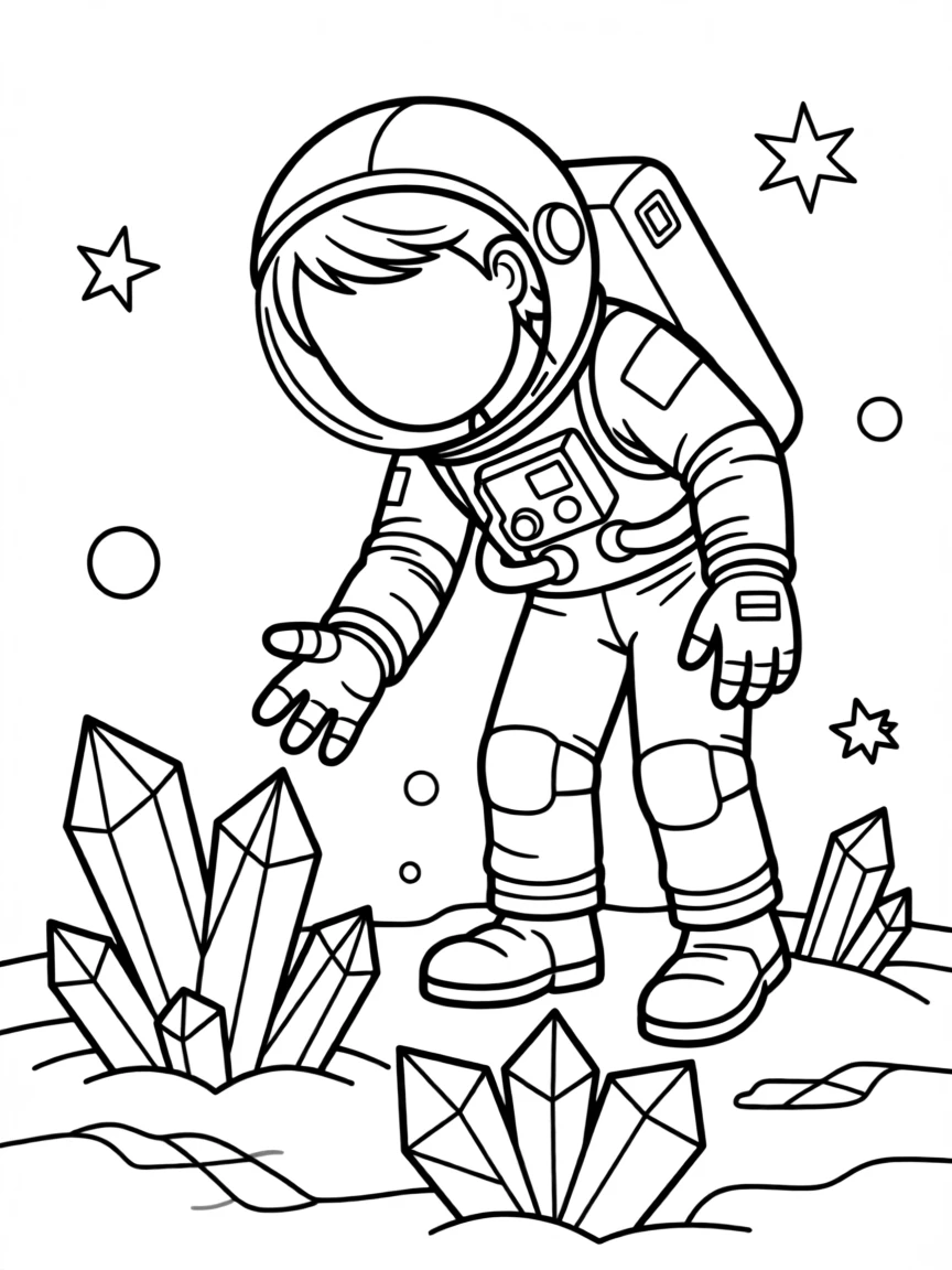 An astronaut discovering a field of glowing space crystals