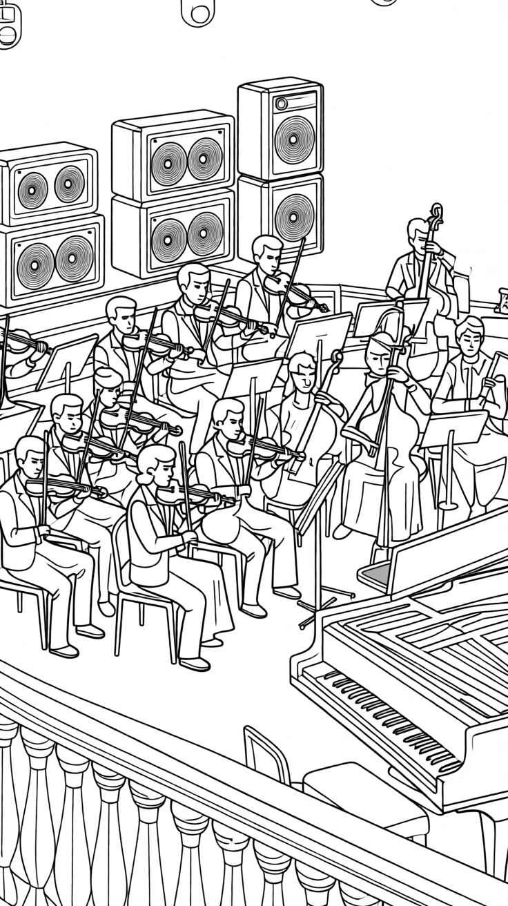 An orchestra mid-performance viewed from the balcony, with amplifiers stacked in the background.