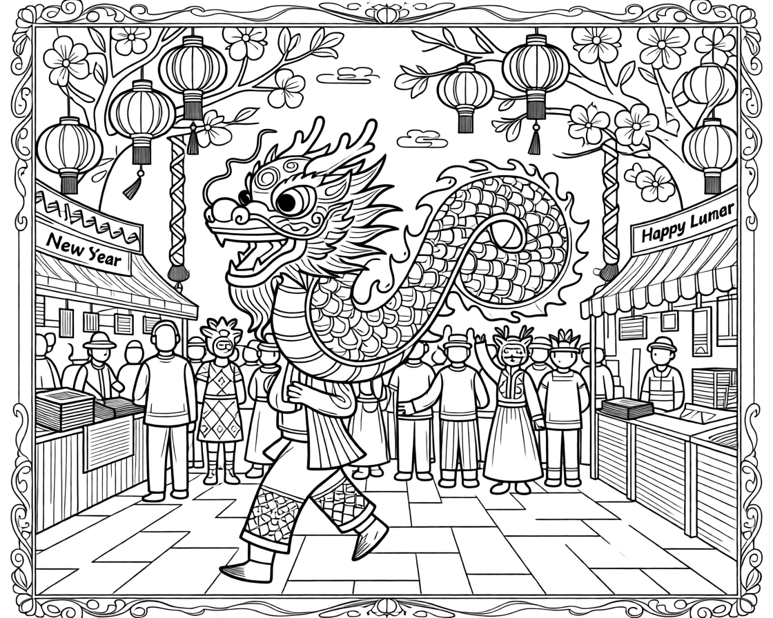 A Lunar New Year parade with a dragon dancer winding through a crowd.