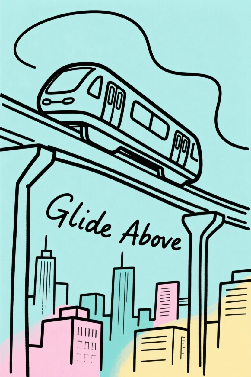 A monorail gliding above a city