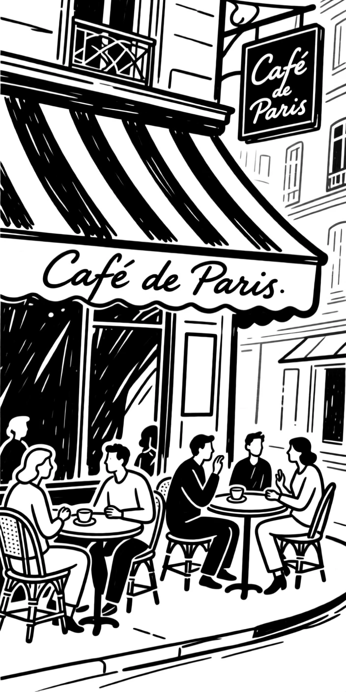 A Parisian street café with people enjoying coffee beneath striped awnings.