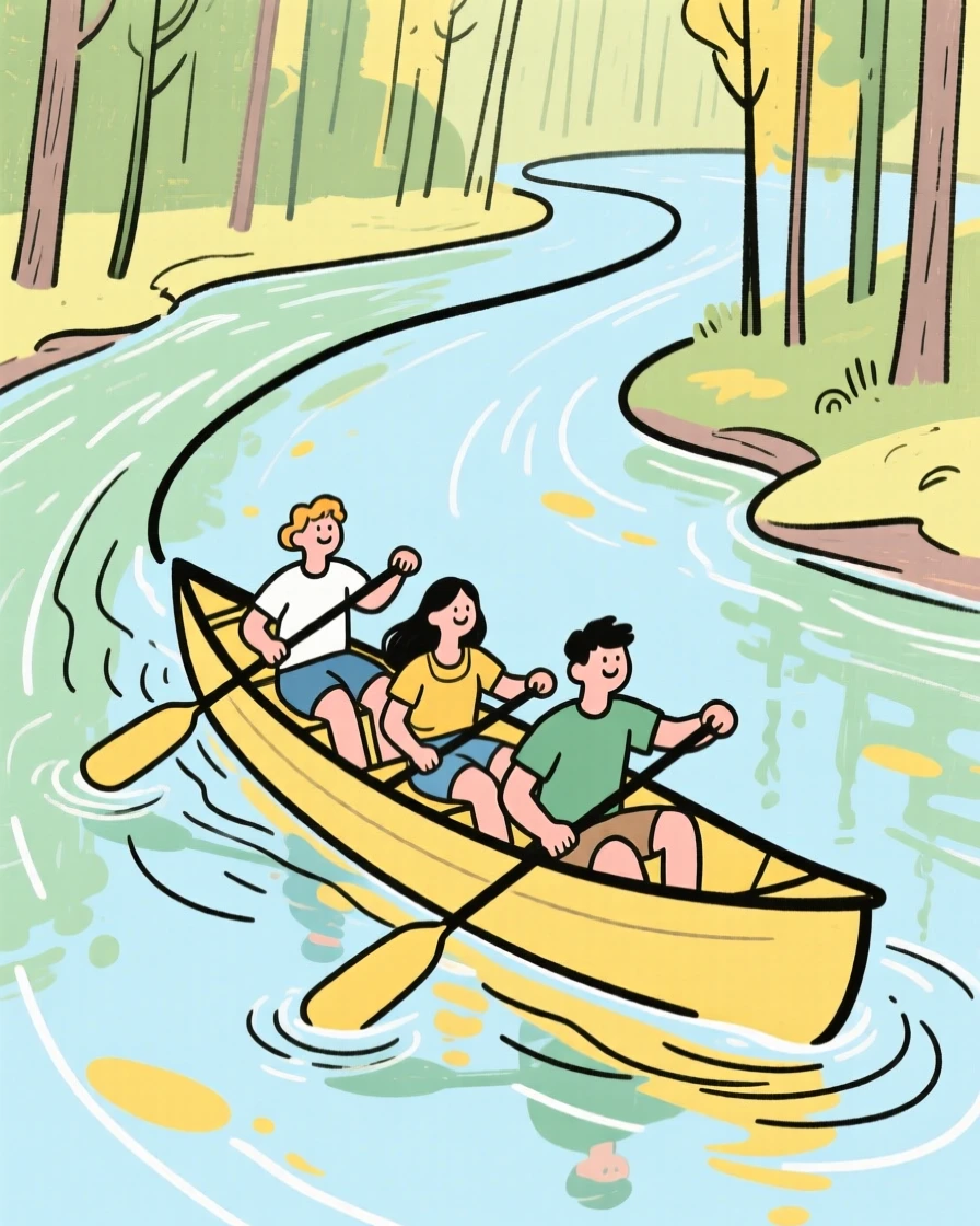 A group of friends canoeing down a peaceful forest river.