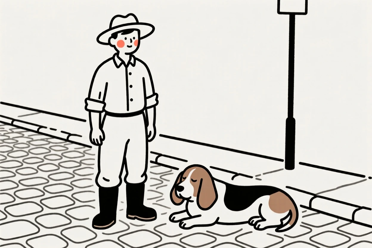 A farmer with a sleepy basset hound, on a quiet cobblestone street.
