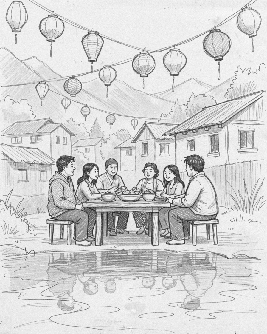 A vibrant cultural scene of friends sharing a meal beneath strings of lanterns in a remote mountain village, with reflections shimmering on calm water.