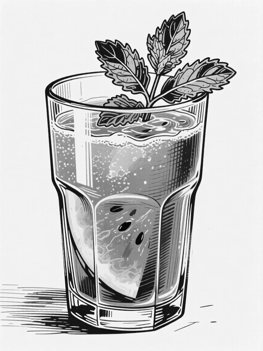 A glass of fresh watermelon juice garnished with a sprig of mint.