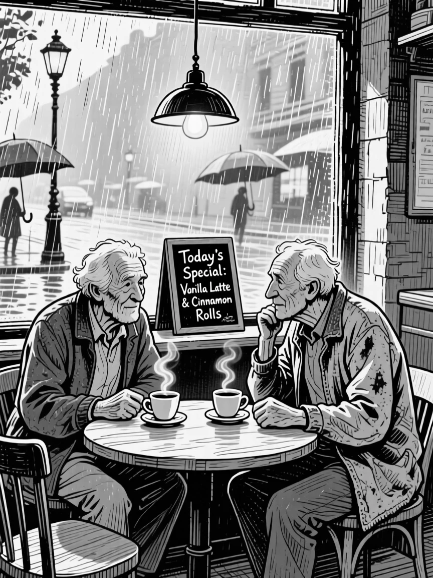 Two old friends sharing coffee at a small table inside a cozy cafe on a rainy day, with soft light illuminating their faces, creating a tender and sincere lifestyle scene.