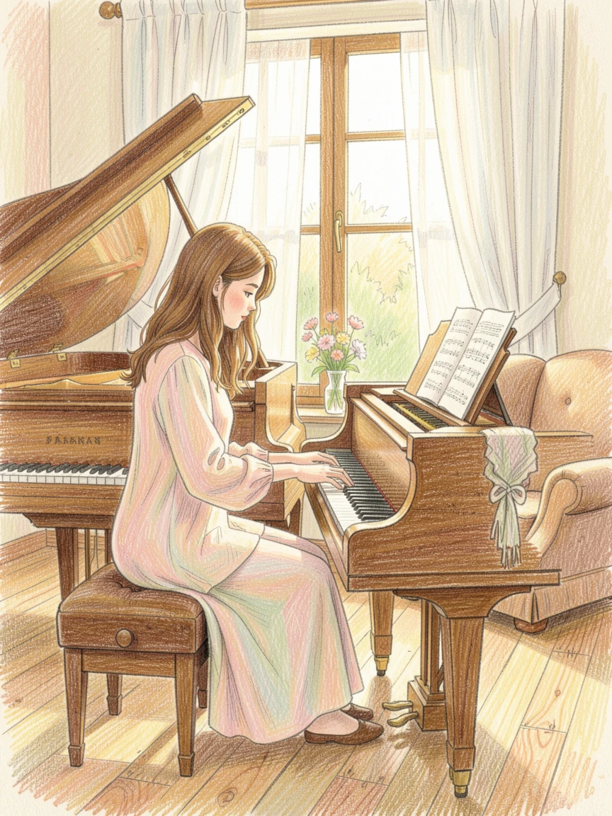 A pianist playing softly in a sunlit music room, captured in a quiet, intimate moment full of atmosphere, radiating comfort, joy, and quiet beauty.