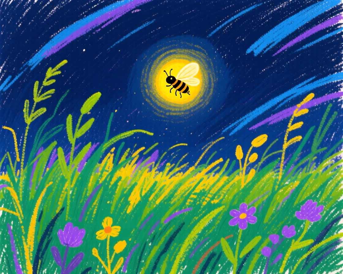 A firefly glowing softly above a dark summer meadow.