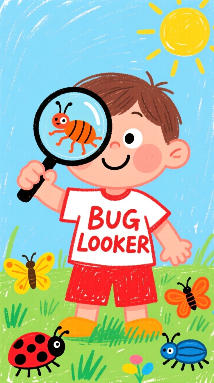 A child using a magnifying glass to study insects in the grass.