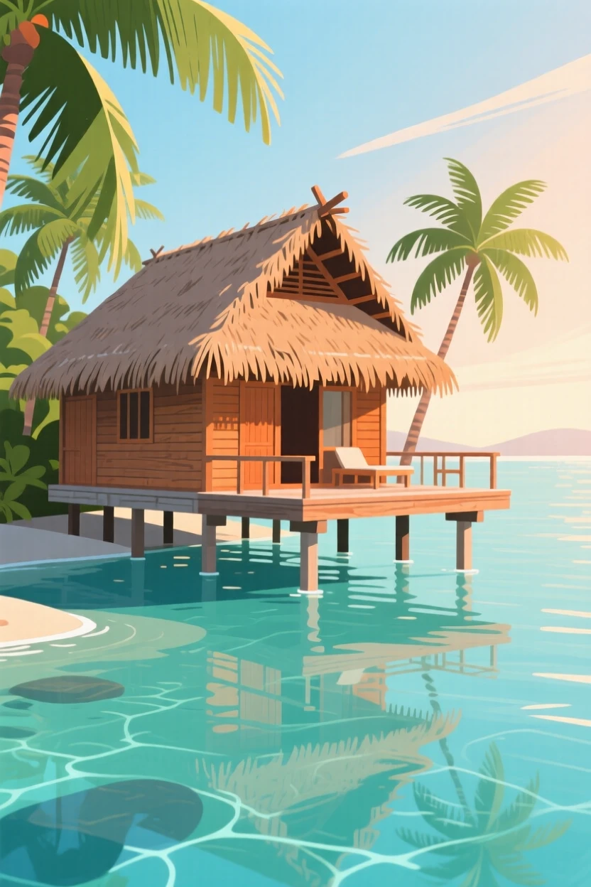 A tropical overwater bungalow surrounded by crystal clear water, with soft morning light illuminating the scene, composed with a dreamy sense of wanderlust and adventure, with a nostalgic, postcard-like charm.