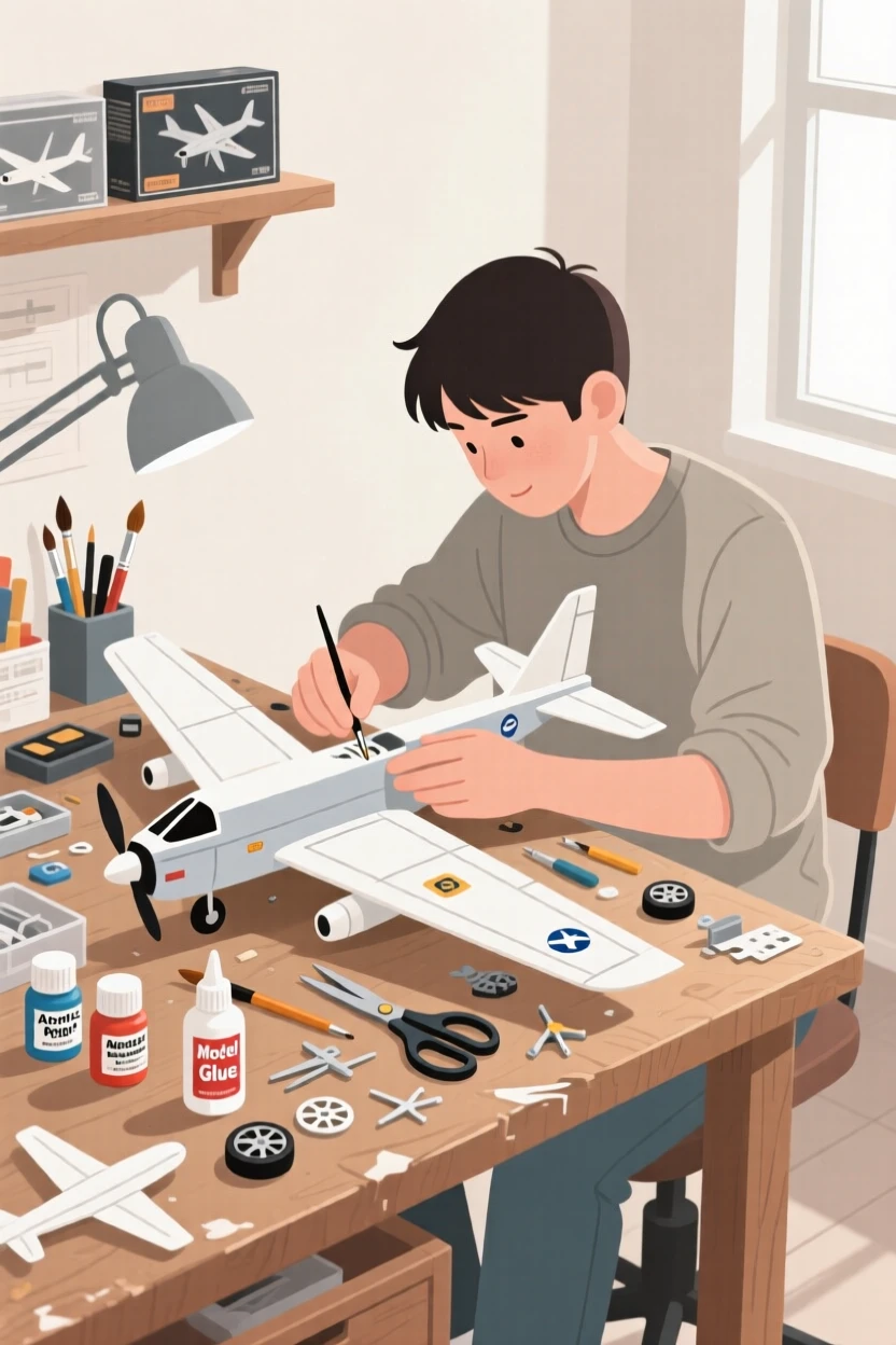 A hobbyist assembling a model airplane at a cluttered workbench.