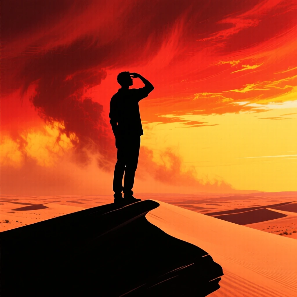 A lone figure standing atop a sand dune watching a distant sandstorm roll in.