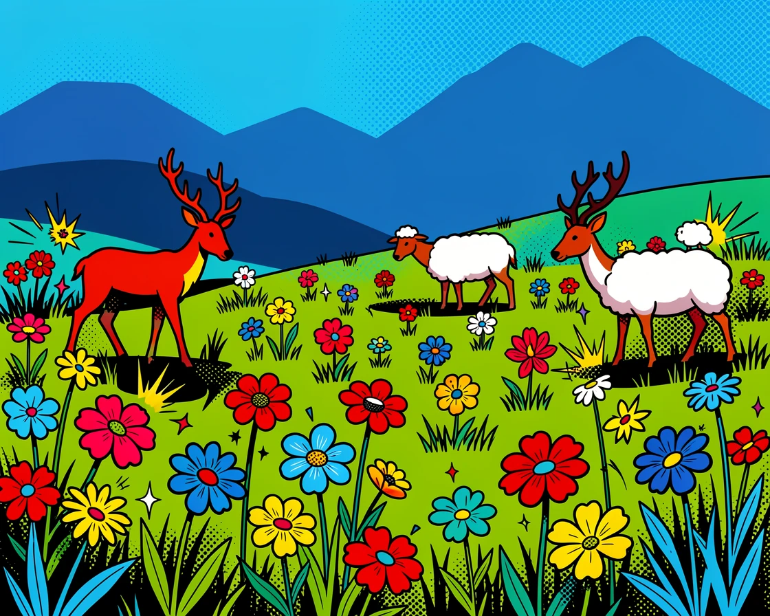A mountain meadow dotted with grazing wildflowers