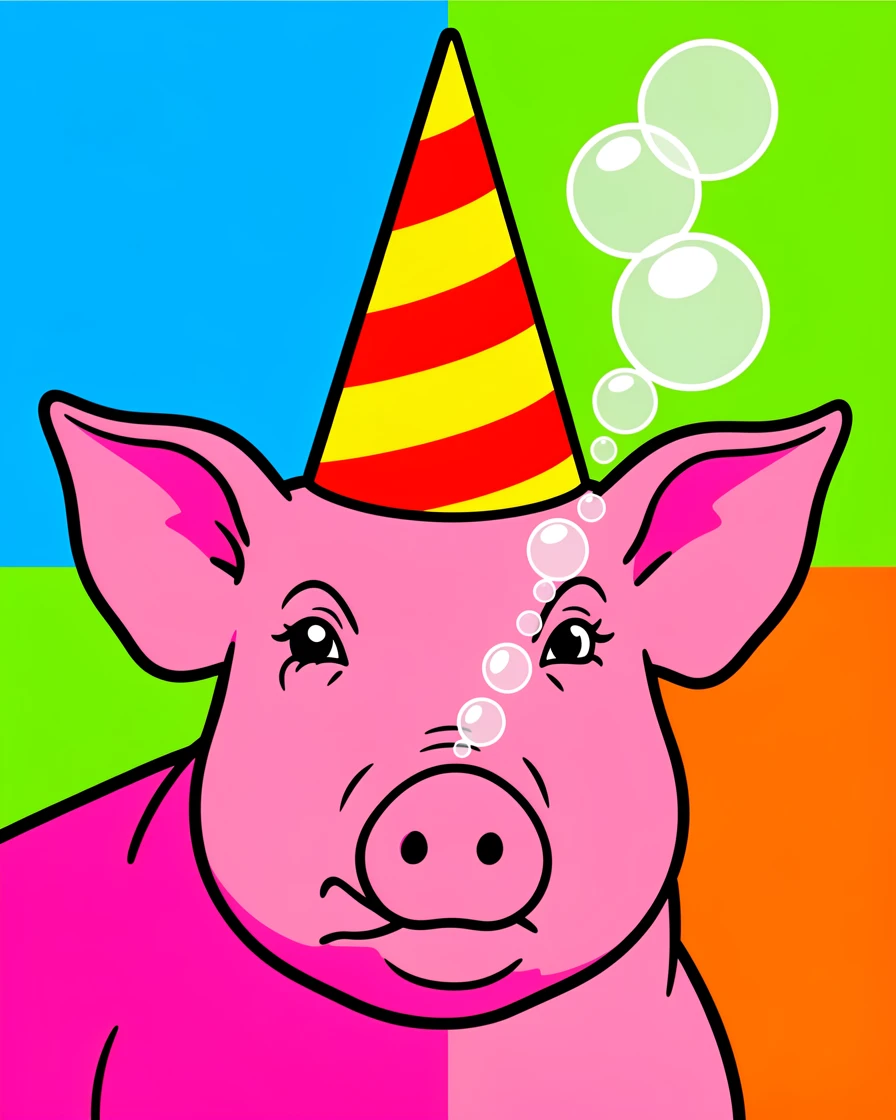 Pig wearing a party hat blowing bubbles