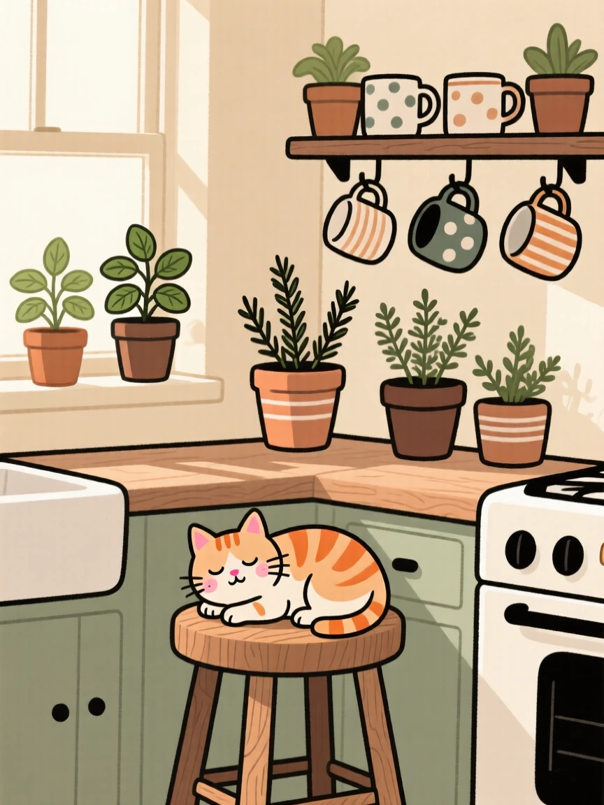 Morning light spills across a small farmhouse kitchen filled with potted herbs and mismatched mugs, where a tabby kitten naps peacefully on the kitchen stool.