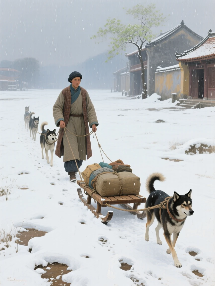 A centered composition of a solitary figure trekking across a vast snowy wilderness with sled dogs, in old Hanoi, during a gentle spring shower.