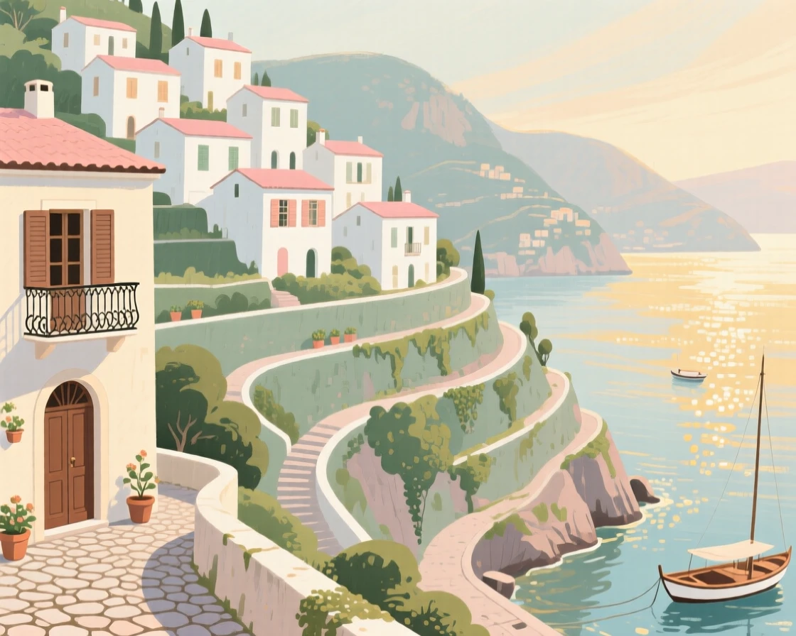A steep terraced hillside town overlooking a sparkling harbor