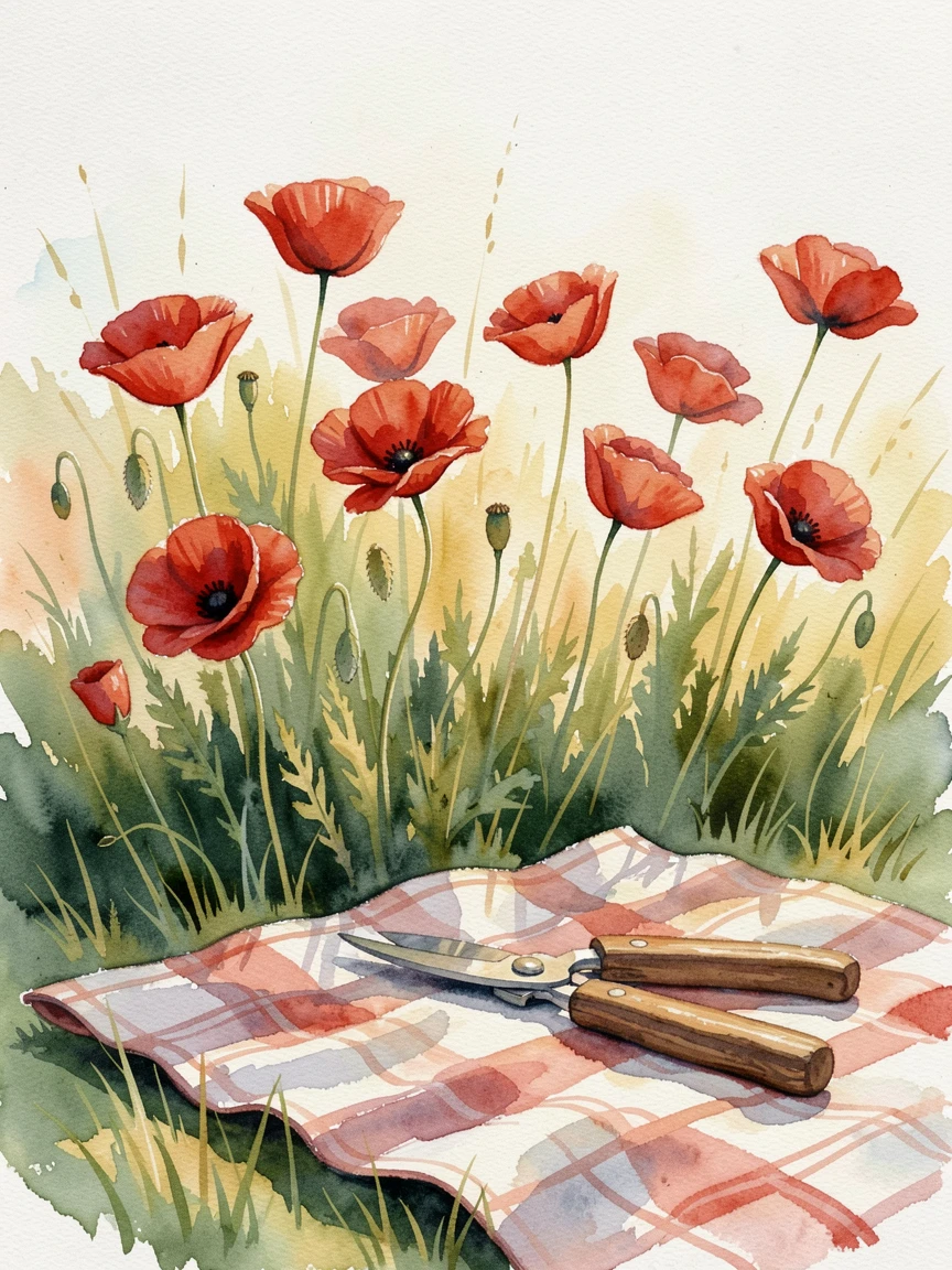 A field of poppies swaying in the breeze on a picnic blanket with a pair of garden shears nearby.