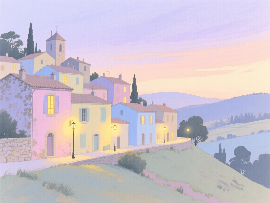 A picturesque view of a French countryside village with pastel buildings stacked along the hillside, as evening lights begin to glow
