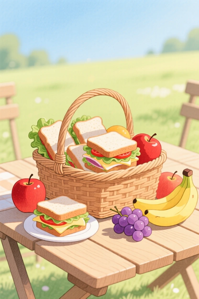 A picnic basket packed with sandwiches and fresh fruit, arranged invitingly on a sunny table.