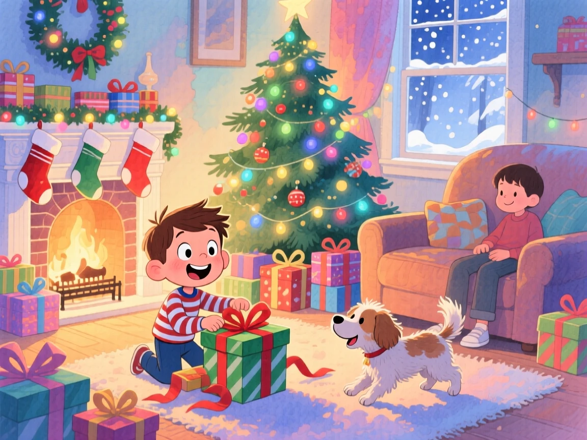 A little boy opening presents on Christmas morning, in a living room bathed in the soft glow of tree lights, with a pet weaving happily through everyone's feet, evoking pure holiday wonder and excitement.