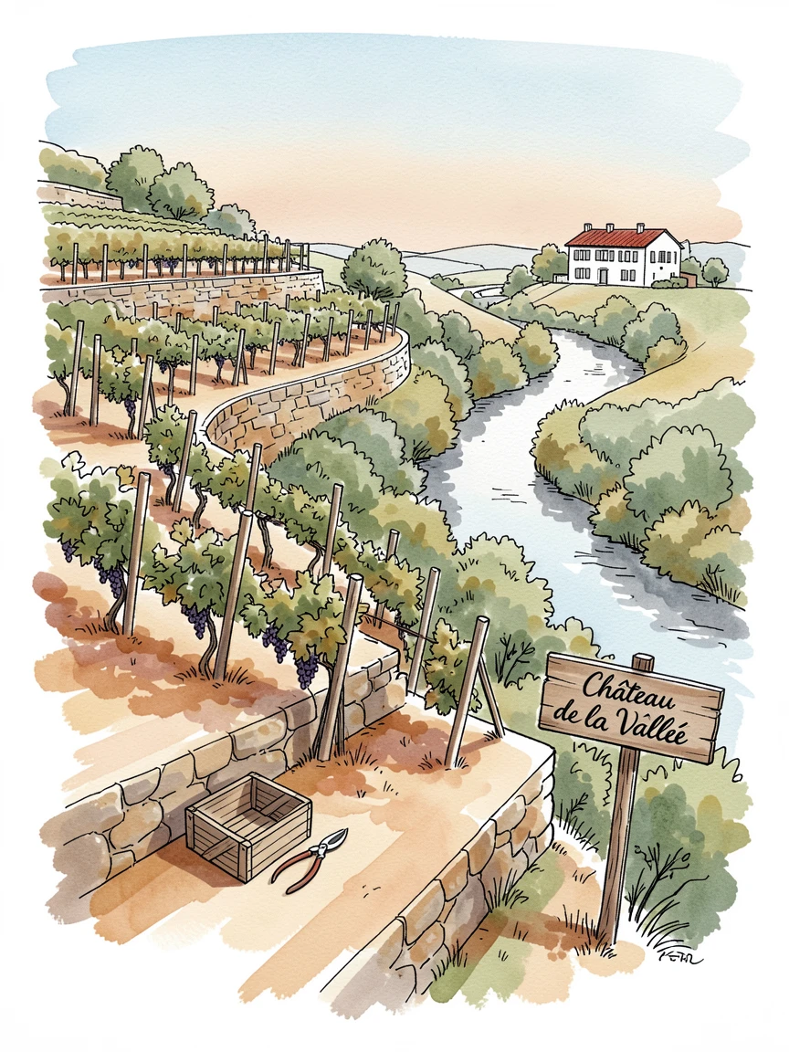 A hillside terrace vineyard overlooking a winding river valley, a sense of timeless charm filling the scene.